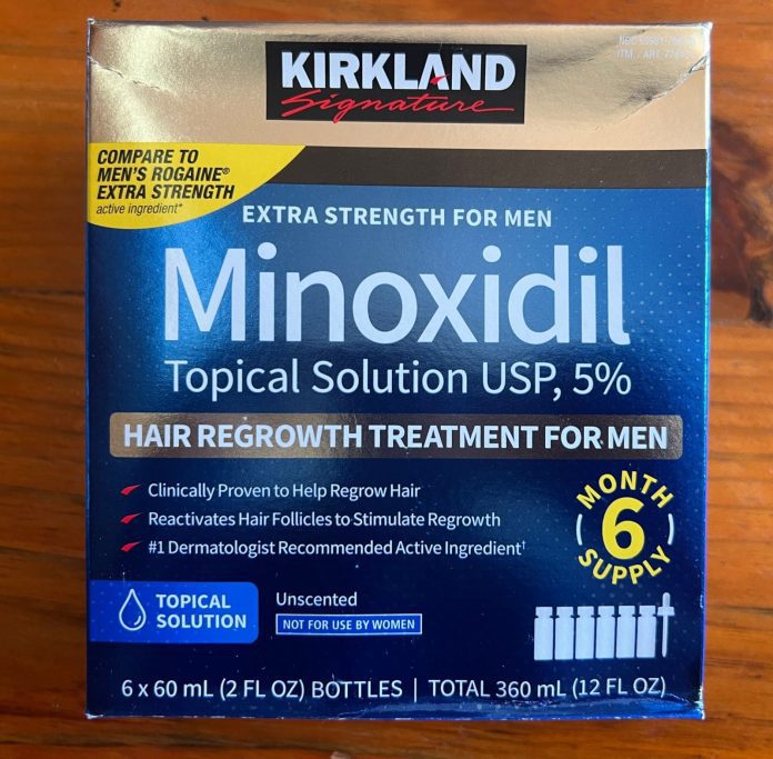 Nova embalagem de Minoxidil Kirkland