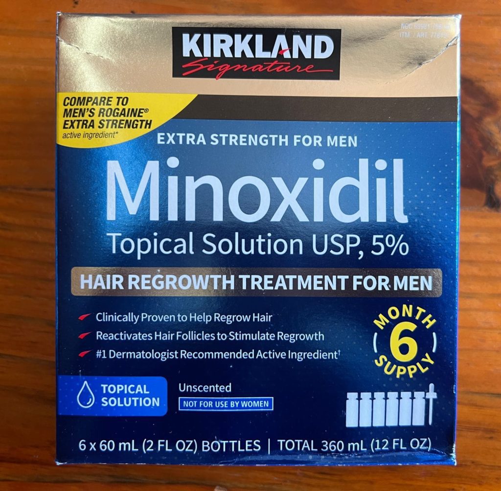 Nova embalagem de Minoxidil Kirkland